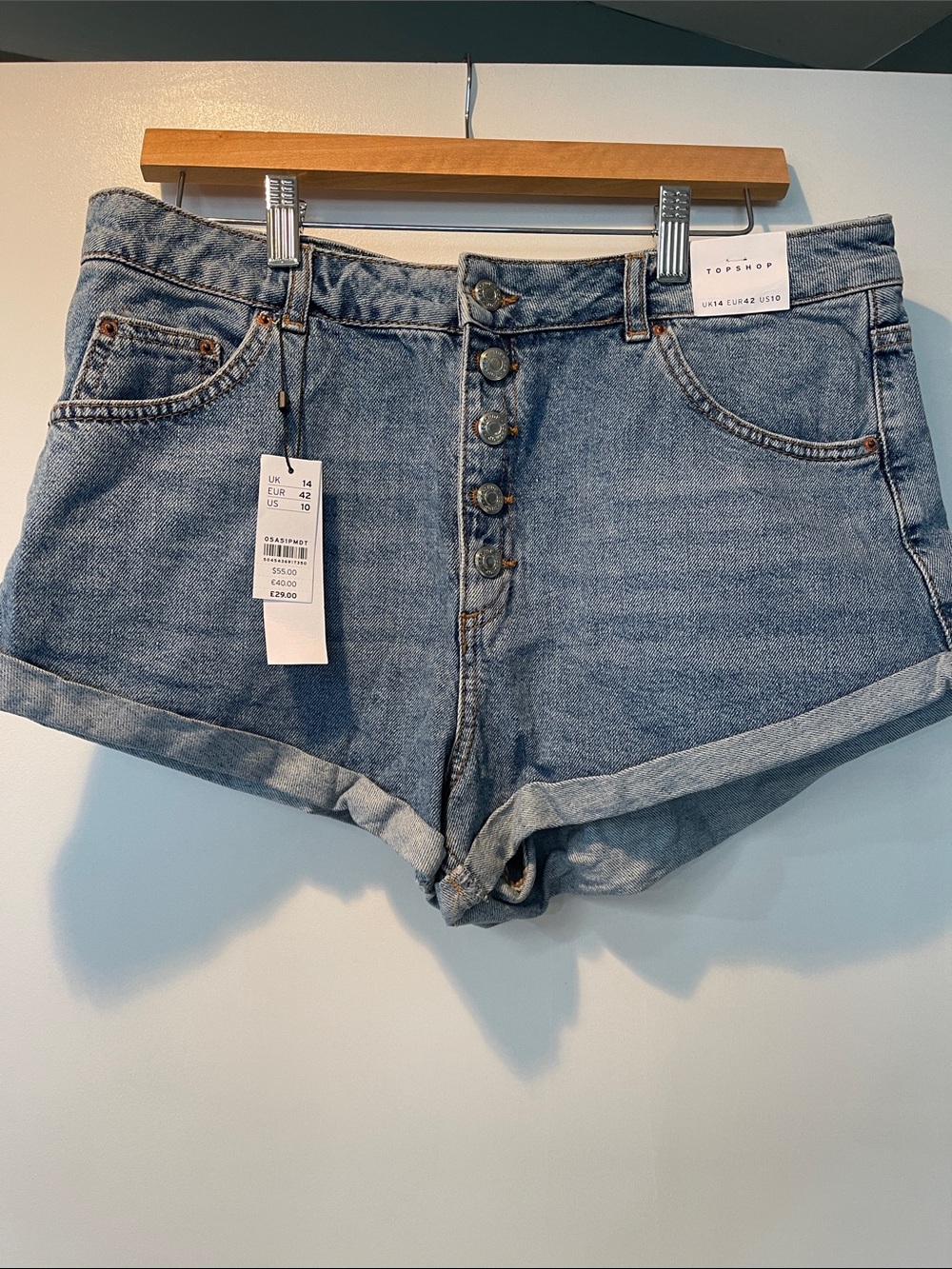 Topshop Light Blue High-Rise Button-Front Cuffed Denim Shorts